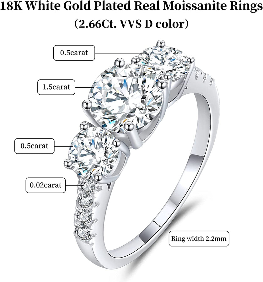 Moissanite Engagement Rings for Women, 2.66-3Ct Three Stone Moissanite Ring 18K White Gold Plated Silver Moissanite Rings, D Color VVS1 Clarity Anniversary Wedding Engagement Rings for Proposal Promise Ring for Her