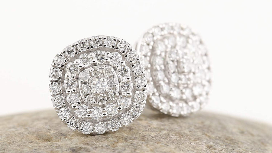 0.95 Carat (Ctw) round Diamond Ladies Double Halo Cluster Screw Back Stud Earrings, Available in 10K/14K/18K Gold & 925 Sterling Silver
