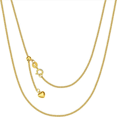 18K Solid Gold 1MM Thin Strong Simple Minimalist Wheat Cable Adjustable Chain Necklace with a Heart Extender Dainty Fine Jewelry for Women Girls, 50CM