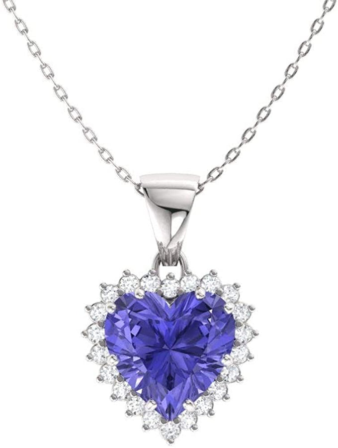 Natural and Certified Heart Cut Gemstone and Diamond Halo Necklace in 14K White Gold | 1.14 Carat Pendant with Chain