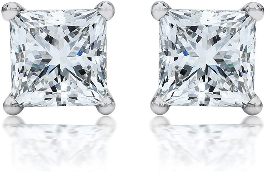 1 Carat Solitaire Diamond Stud Earrings Princess Cut 4 Prong Push Back (I-J Color, VS2-SI1 Clarity)