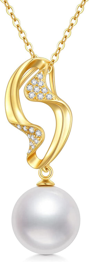 14K Real Gold Pearl Necklace for Women, Gold Pearl Pendant Necklace Freshwater Cultured Pearl Jewelry Birthday Christmas Gifts for Mom Girls Wife, 16+2 Inch