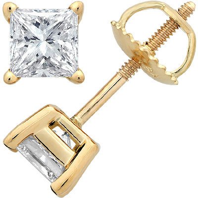 1/2 Carat Solitaire Diamond Stud Earrings Princess Cut 4 Prong Push Back (G-H Color, I1 Clarity)
