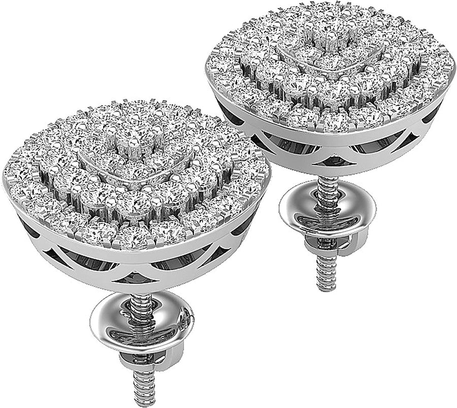 0.95 Carat (Ctw) round Diamond Ladies Double Halo Cluster Screw Back Stud Earrings, Available in 10K/14K/18K Gold & 925 Sterling Silver