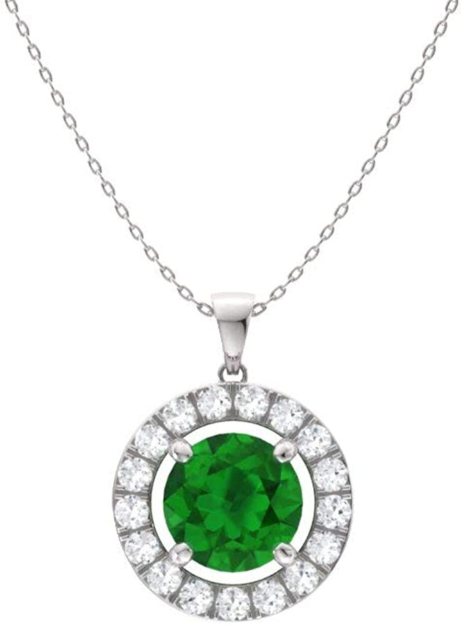 Natural and Certified Gemstone and Diamond Halo Petite Necklace in 14K White Gold | 0.61 Carat Pendant with Chain