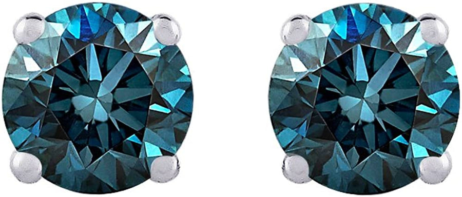 Blue - I1 round Brilliant Cut Diamond Earring Studs in 14K Gold