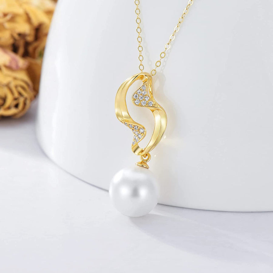 14K Real Gold Pearl Necklace for Women, Gold Pearl Pendant Necklace Freshwater Cultured Pearl Jewelry Birthday Christmas Gifts for Mom Girls Wife, 16+2 Inch