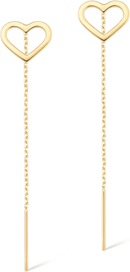 14K Solid Gold Open Heart Threader Earrings | 14K Yellow Gold Earrings for Women | Simple Open, Pave CZ Heart Threader Earrings | Dainty Earrings Jewelry | Gift for Birthday