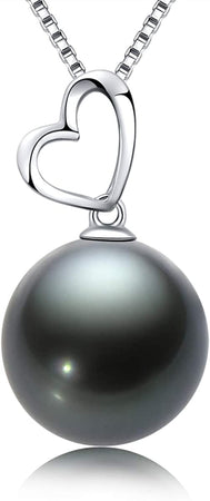 18K Gold Natural Black Pearl Pendant Necklace 10-11Mm Genuine Tahitian Cultured round Pearls Heart Shape Pendant for Women with 18" Silver Chain