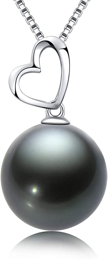 18K Gold Natural Black Pearl Pendant Necklace 10-11Mm Genuine Tahitian Cultured round Pearls Heart Shape Pendant for Women with 18