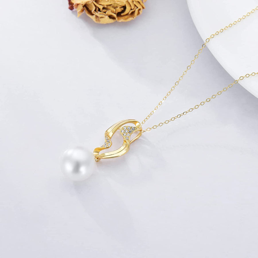 14K Real Gold Pearl Necklace for Women, Gold Pearl Pendant Necklace Freshwater Cultured Pearl Jewelry Birthday Christmas Gifts for Mom Girls Wife, 16+2 Inch