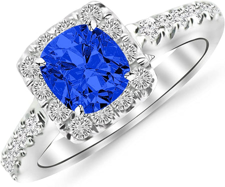 1.75 Ctw 14K White Gold Cushion Square Halo Diamond Engagement Ring W/ 1 Carat Blue Diamond