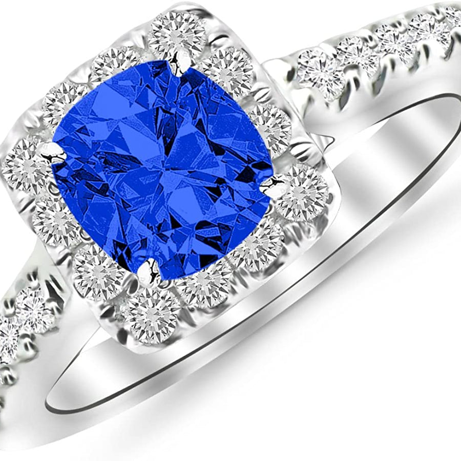1.75 Ctw 14K White Gold Cushion Square Halo Diamond Engagement Ring W/ 1 Carat Blue Diamond