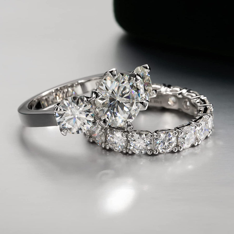 3 Stone Moissanite Ring for Women 5Cttw 3 Carat 9.5Mm Certified Moissanite Diamond with Side 1 Carat 6.5Mm D-E-F Color VVS Brilliant Platinum Plated Silver Anniversary Engagement Wide Band