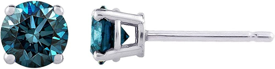 Blue - I1 round Brilliant Cut Diamond Earring Studs in 14K Gold