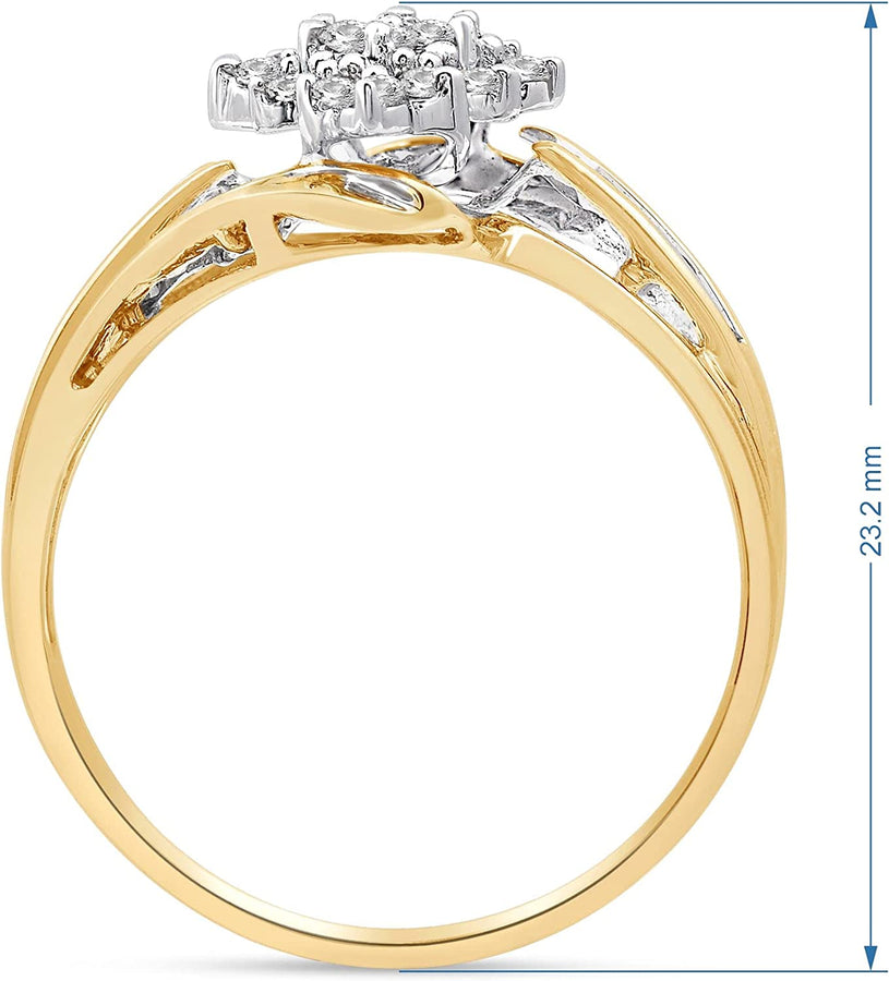 10K Yellow Gold 1/2 Cttw Natural White round and Baguette Diamond Cluster Ring
