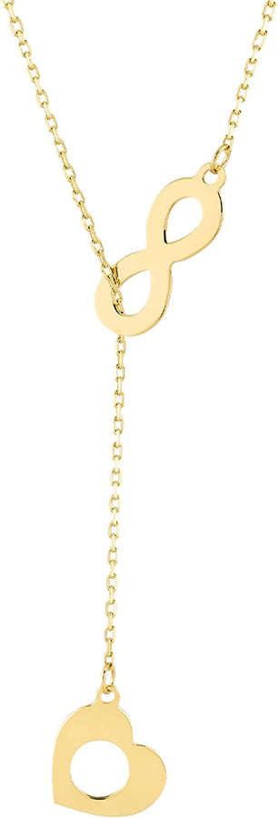 14K Solid Gold Heart Y-Necklace | 14K Yellow Gold Lariat Necklaces for Women | Double, Open, Infinity, Key Heart Pendant Necklace | Dainty Love Jewelry | Gifts for Christmas, 18