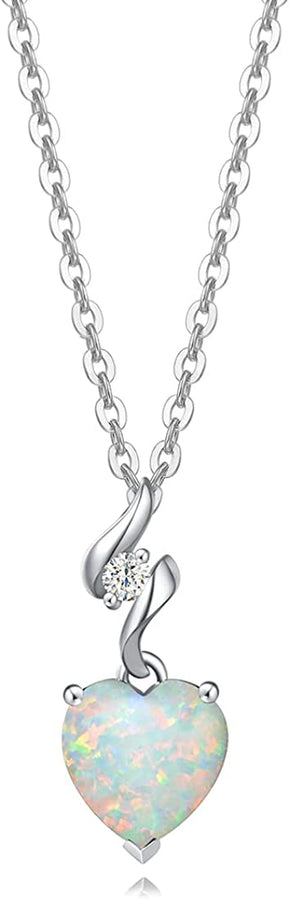 14K Solid White Gold Diamond Genuine or Created Gemstone Pendant with Sterling Silver Chain 8X8Mm Heart Birthstone Necklace Fine Jewelry Mothers Day Anniversary Birthday Gifts for Women Girls Mom Wife Her