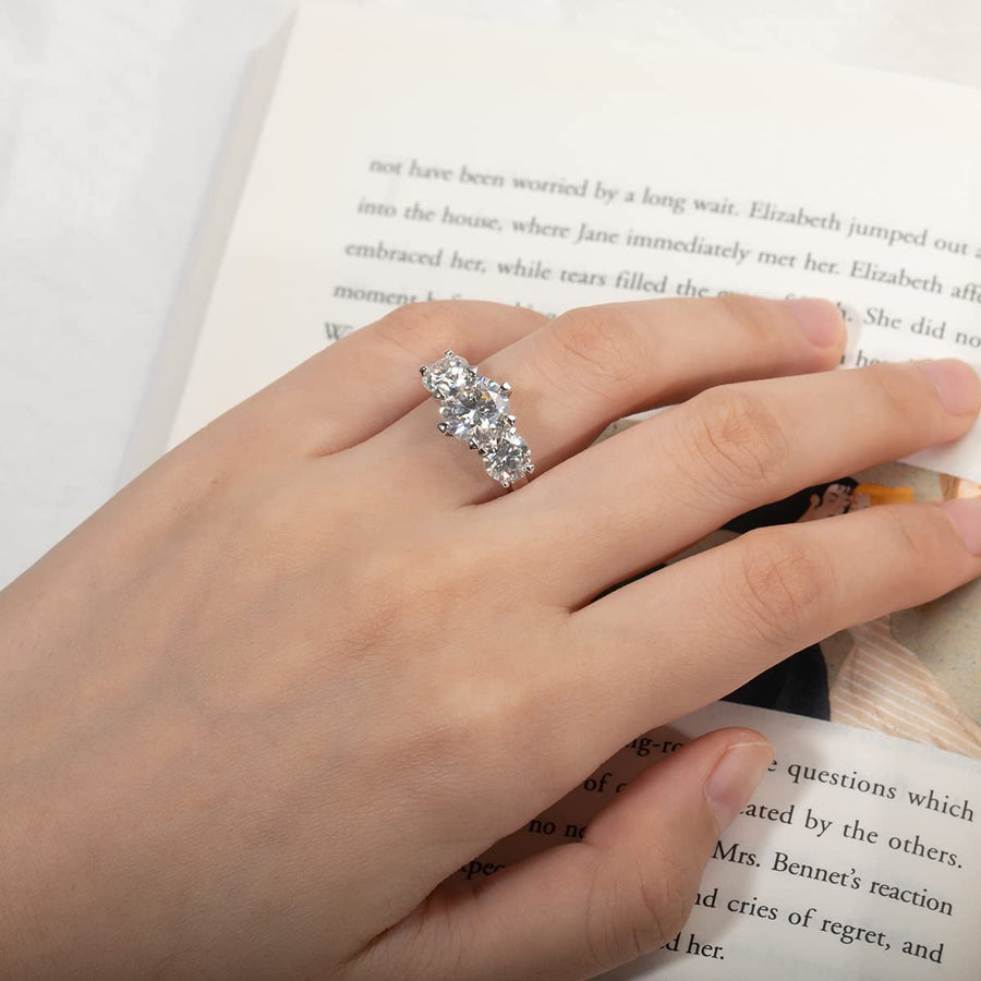 3 Stone Moissanite Ring for Women 5Cttw 3 Carat 9.5Mm Certified Moissanite Diamond with Side 1 Carat 6.5Mm D-E-F Color VVS Brilliant Platinum Plated Silver Anniversary Engagement Wide Band