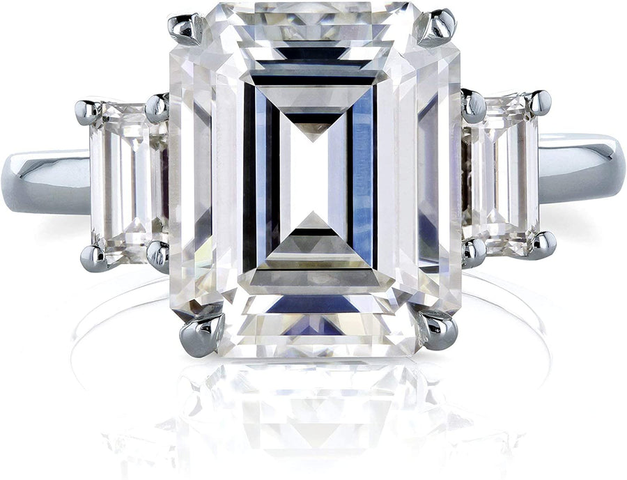 5 1/2 Carat TGW Three Stone Emerald Cut Moissanite Statement Engagement Ring in 14K White Gold