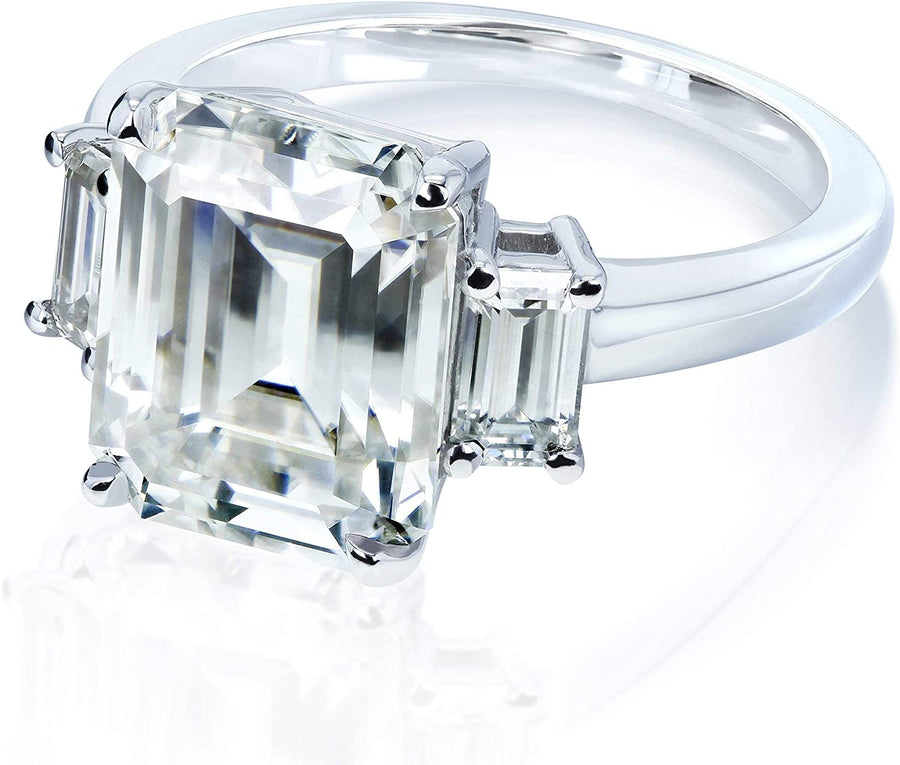 5 1/2 Carat TGW Three Stone Emerald Cut Moissanite Statement Engagement Ring in 14K White Gold