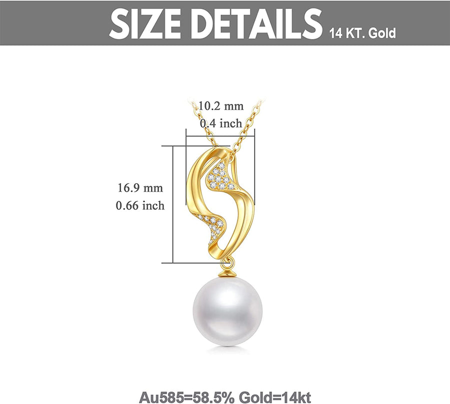 14K Real Gold Pearl Necklace for Women, Gold Pearl Pendant Necklace Freshwater Cultured Pearl Jewelry Birthday Christmas Gifts for Mom Girls Wife, 16+2 Inch