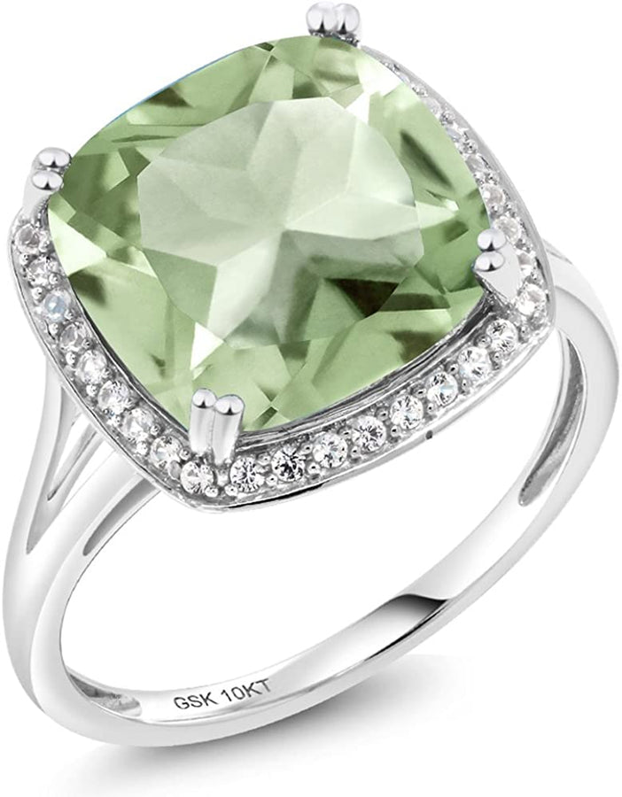 10K White Gold Green Prasiolite and White Created Sapphire Engagement Ring for Women (6.74 Cttw, Cushion Cut 12MM, Available in Size 5, 6, 7, 8, 9)