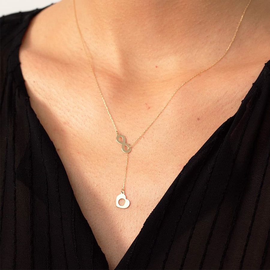 14K Solid Gold Heart Y-Necklace | 14K Yellow Gold Lariat Necklaces for Women | Double, Open, Infinity, Key Heart Pendant Necklace | Dainty Love Jewelry | Gifts for Christmas, 18