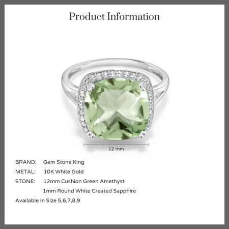 10K White Gold Green Prasiolite and White Created Sapphire Engagement Ring for Women (6.74 Cttw, Cushion Cut 12MM, Available in Size 5, 6, 7, 8, 9)
