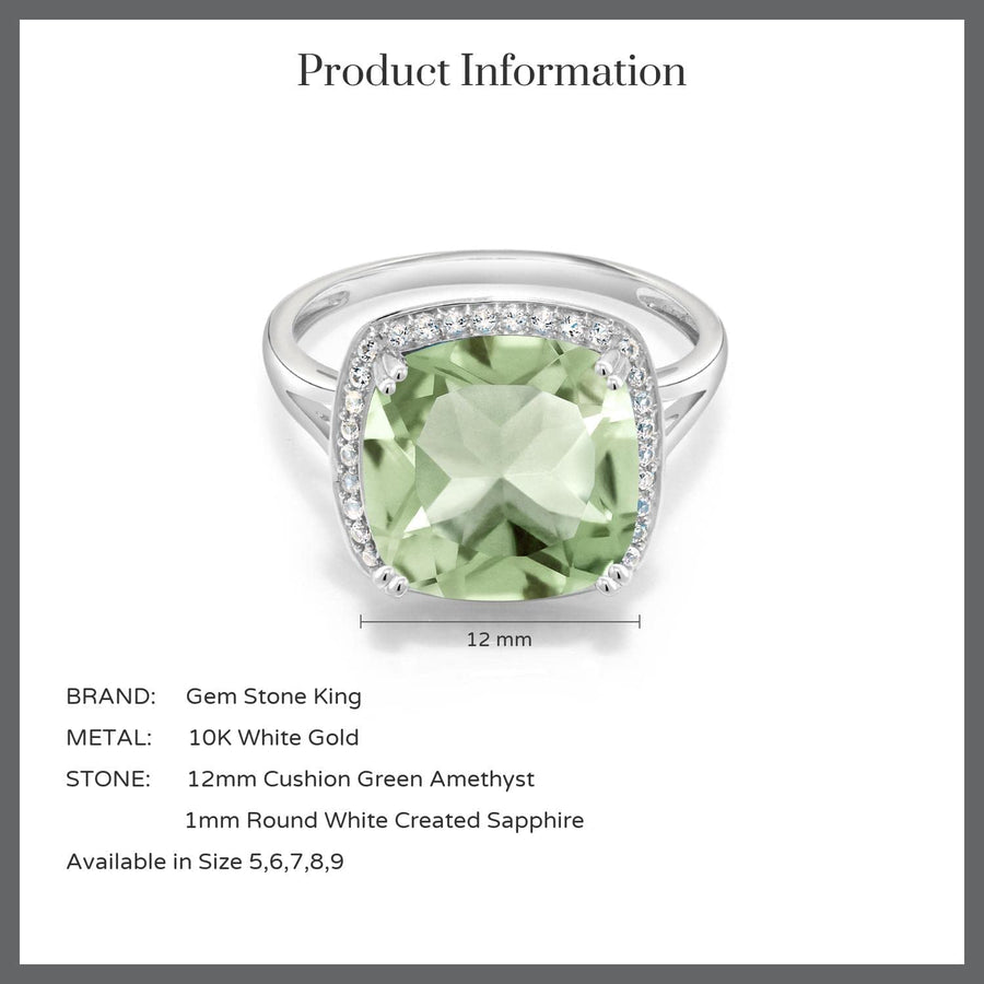 10K White Gold Green Prasiolite and White Created Sapphire Engagement Ring for Women (6.74 Cttw, Cushion Cut 12MM, Available in Size 5, 6, 7, 8, 9)