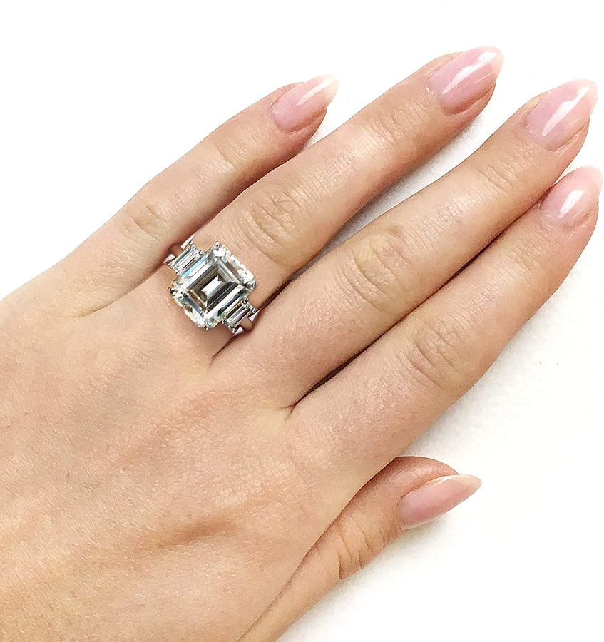 5 1/2 Carat TGW Three Stone Emerald Cut Moissanite Statement Engagement Ring in 14K White Gold