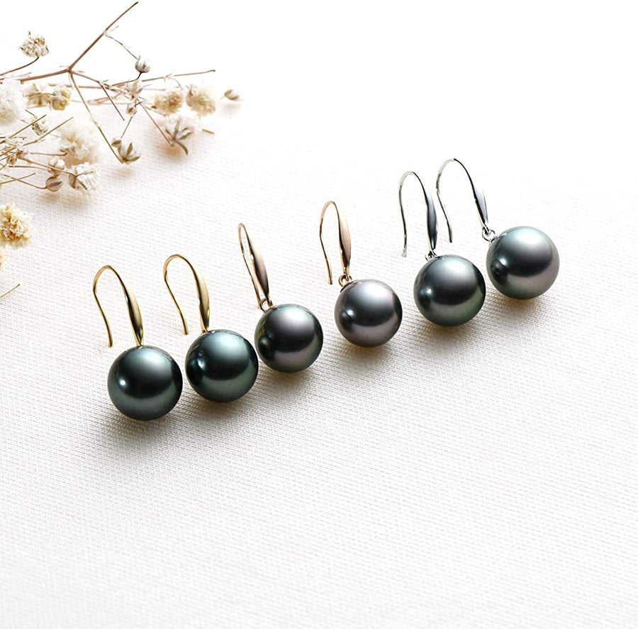 18K Gold Black Pearl Dangle Earrings 8-9Mm Genuine Tahitian Cultured Pearls Drop Ear Hook Dangle Earrings Vintage Jewelry for Women