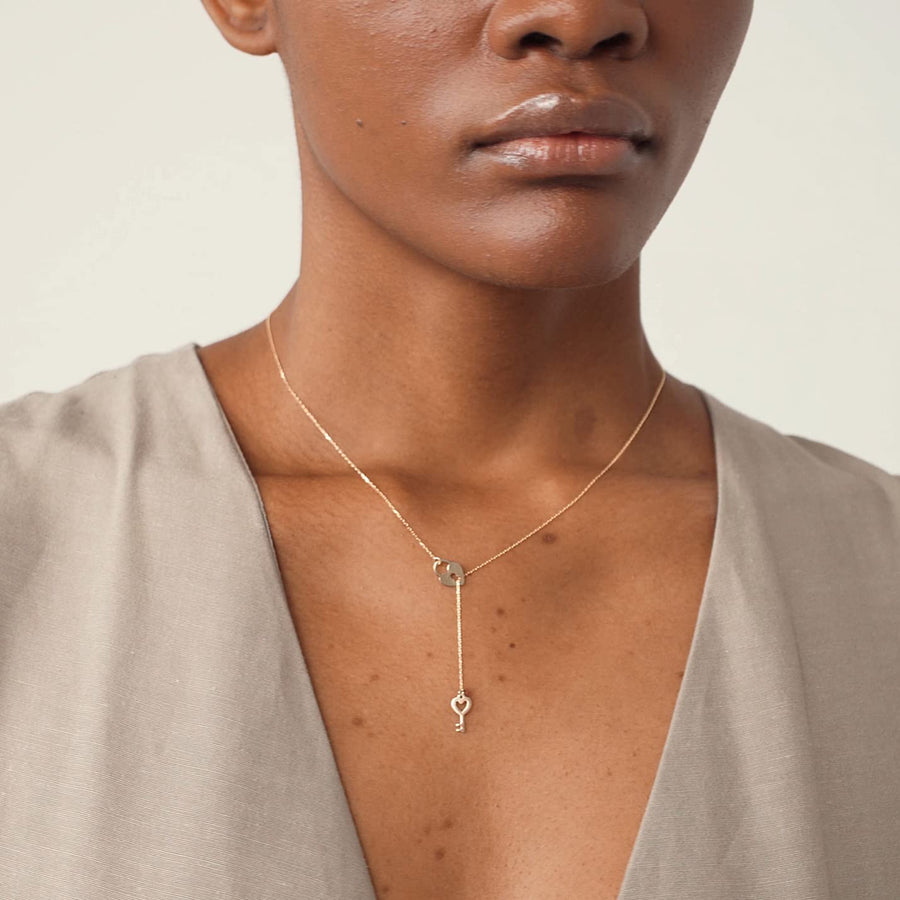 14K Solid Gold Heart Y-Necklace | 14K Yellow Gold Lariat Necklaces for Women | Double, Open, Infinity, Key Heart Pendant Necklace | Dainty Love Jewelry | Gifts for Christmas, 18