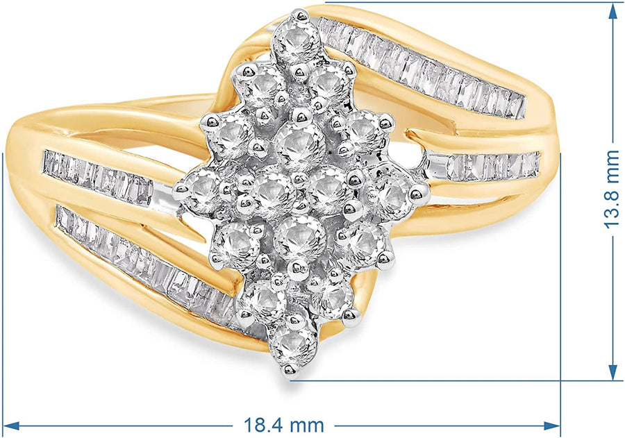 10K Yellow Gold 1/2 Cttw Natural White round and Baguette Diamond Cluster Ring