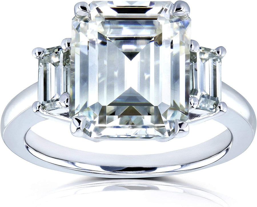 5 1/2 Carat TGW Three Stone Emerald Cut Moissanite Statement Engagement Ring in 14K White Gold