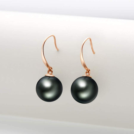 18K Gold Black Pearl Dangle Earrings 8-9Mm Genuine Tahitian Cultured Pearls Drop Ear Hook Dangle Earrings Vintage Jewelry for Women