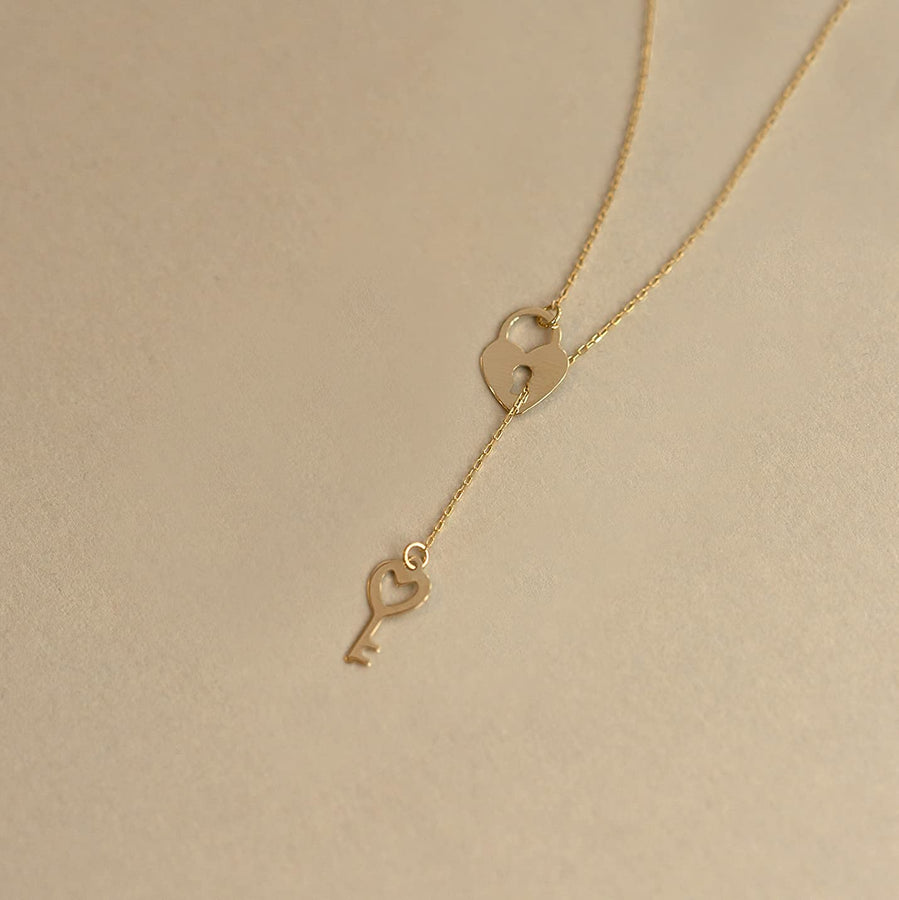 14K Solid Gold Heart Y-Necklace | 14K Yellow Gold Lariat Necklaces for Women | Double, Open, Infinity, Key Heart Pendant Necklace | Dainty Love Jewelry | Gifts for Christmas, 18