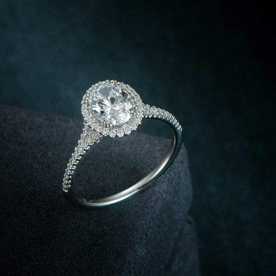 Petite Micropave Halo D Color VVS 1.5 Carat Oval Cut Moissanite Engagement Ring for Women