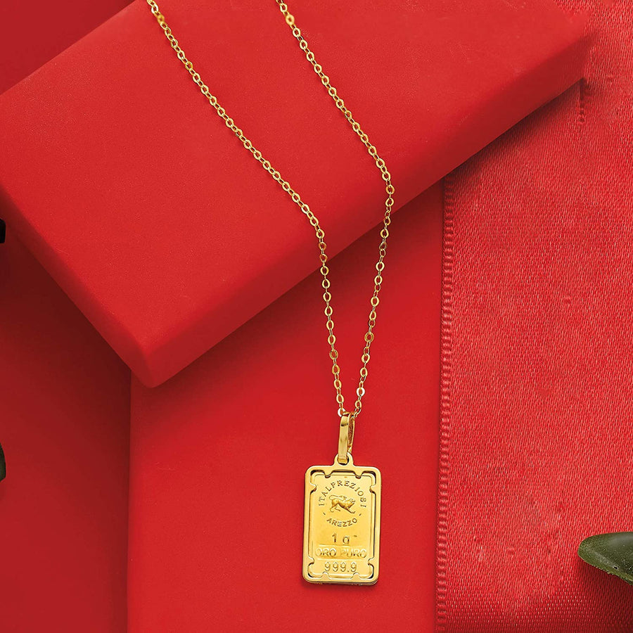 Italian 24Kt Yellow Gold Fleur-De-Lis 1-Gram Ingot Pendant Necklace with 14Kt Yellow Gold Frame