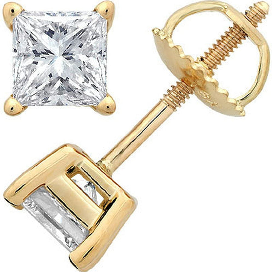 3/4 Carat Solitaire Diamond Stud Earrings Princess Cut 4 Prong Screw Back (D-F Color, VS1-VS2 Clarity)