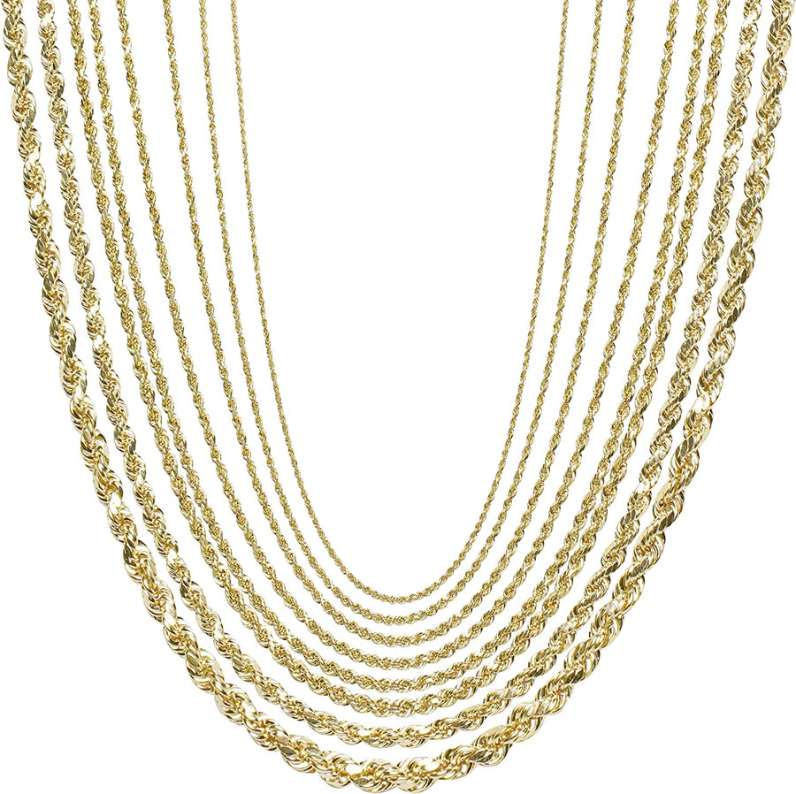 10K Gold 1.5MM, 2MM, 2.5MM, 3MM, 3.5MM, 4MM, 5MM, or 7MM Diamond Cut Rope Chain Necklace, Bracelet, Anklet Unisex Sizes 7