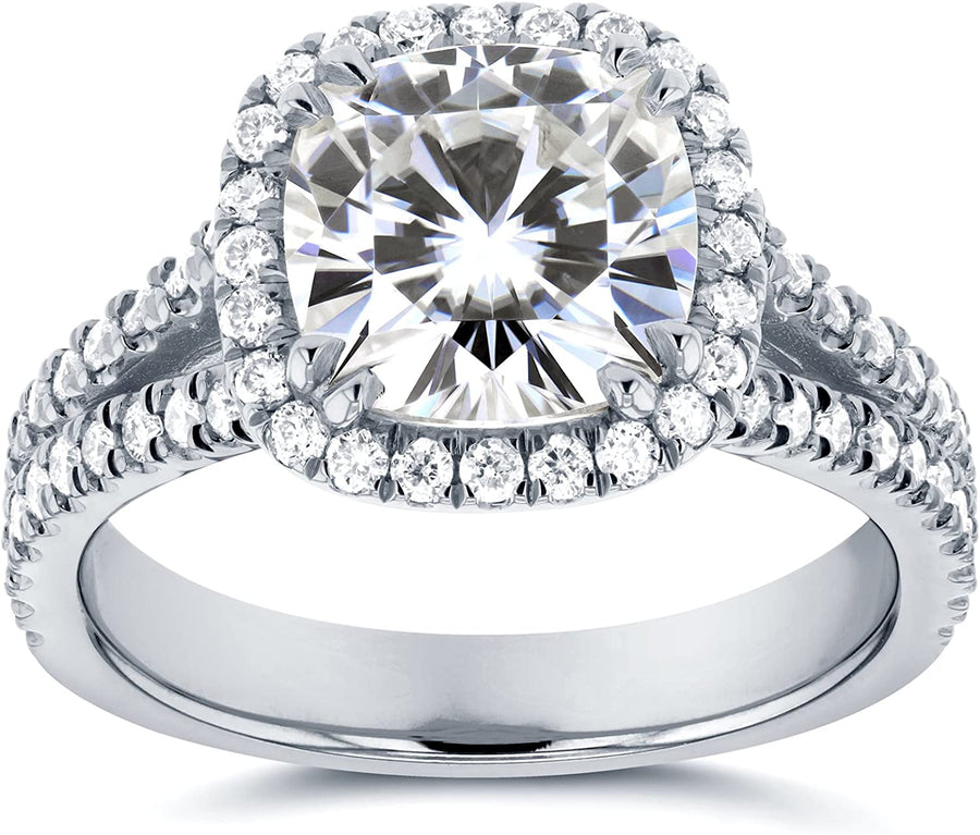 Forever One (D-F) Moissanite and Halo Diamond Engagement Ring 2 1/2 CTW 14K White Gold