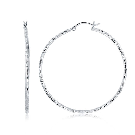 Diamond Cut Hoop Earrings - 14k White Gold, (1 3/4 inch Diameter)
