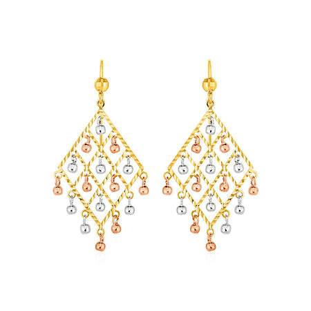 Textured Chandelier Earrings W/ Ball Drops - 14k Tri Color Gold