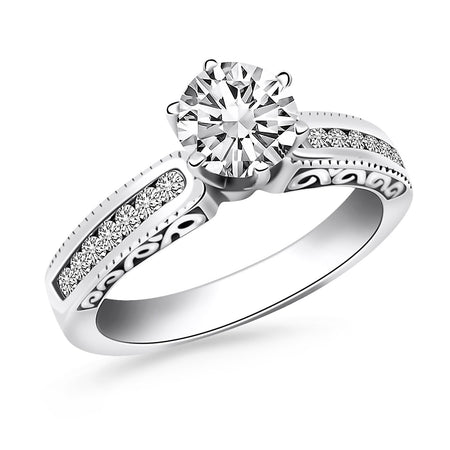 Channel Set Engagement Ring with Engraved Sides - 14k White Gold