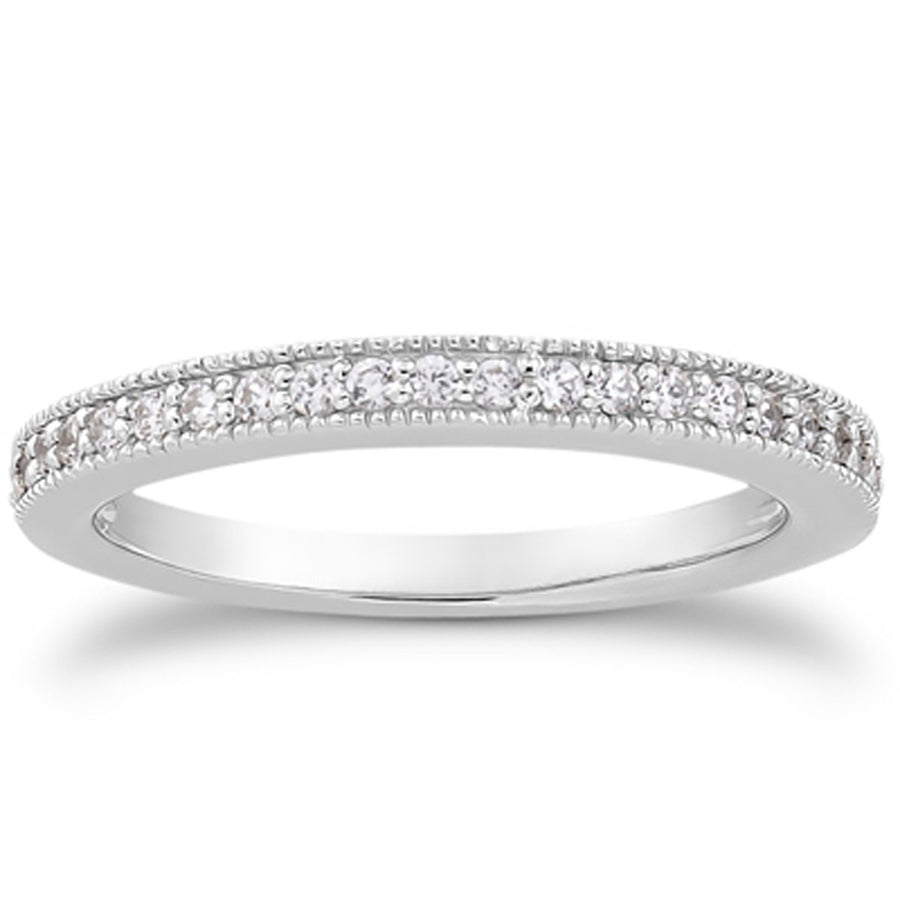 Pave Diamond Milgrain Wedding Ring Band Set 1/2 Around - 14k White Gold