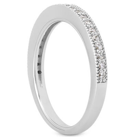 Pave Diamond Milgrain Wedding Ring Band Set 1/2 Around - 14k White Gold