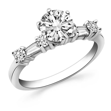 Engagement Ring W/ Round and Baguette Diamonds - 14k White Gold