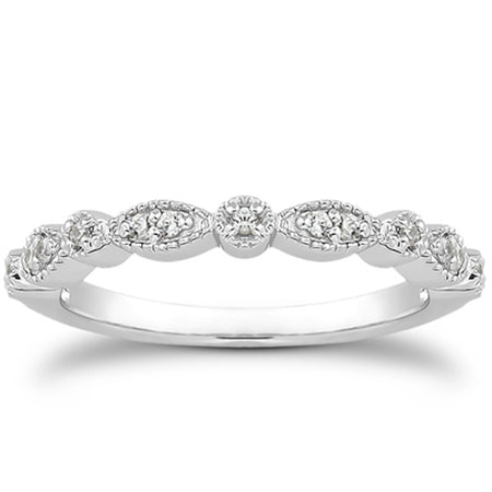 Vintage Look Fancy Pave Diamond Milgrain Wedding Ring Band - 14k White Gold