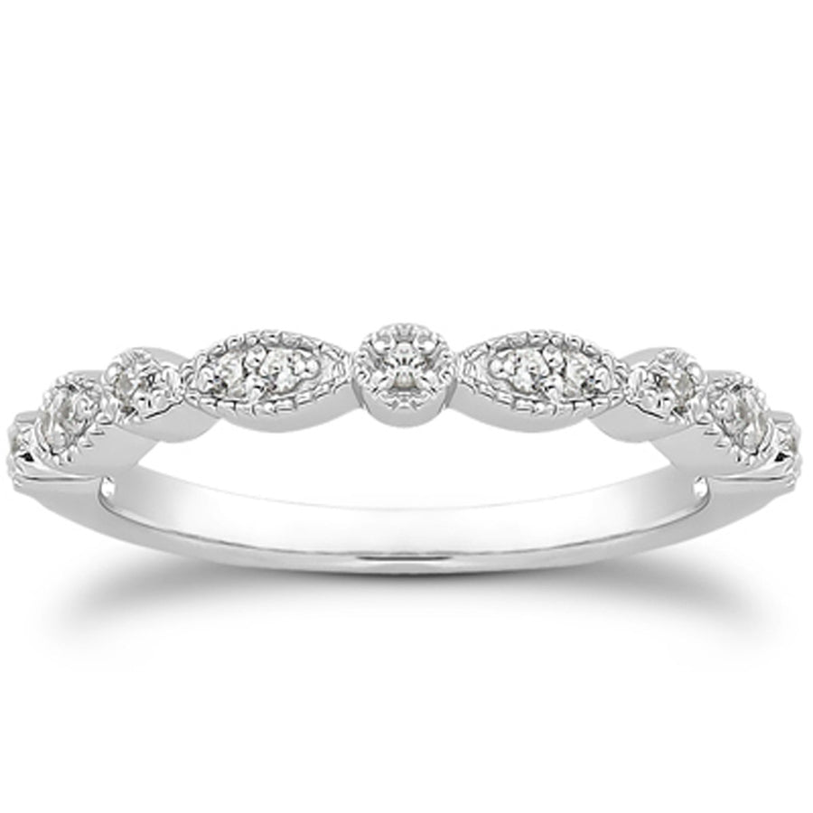 Vintage Look Fancy Pave Diamond Milgrain Wedding Ring Band - 14k White Gold